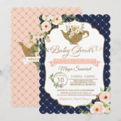 Invitation Tea Party Luxury Blush et Navy Floral Baby shower (Devant / Derrière)