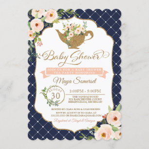Invitation Tea Party Luxury Blush et Navy Floral Baby shower