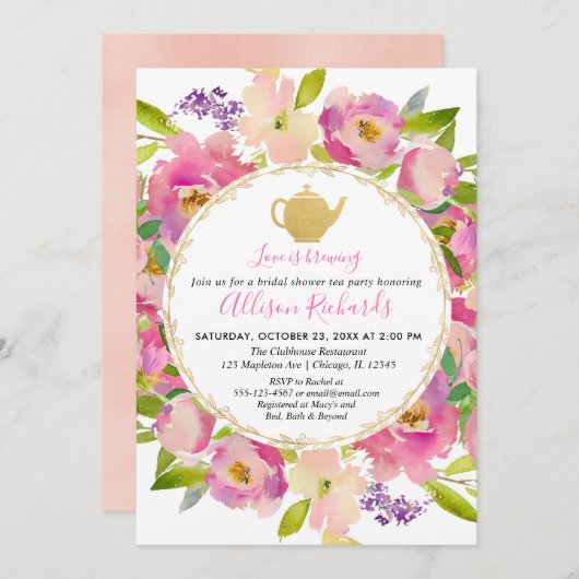 Invitation Tea party nuptiale Boho rose vif pastel (Devant / Derrière)