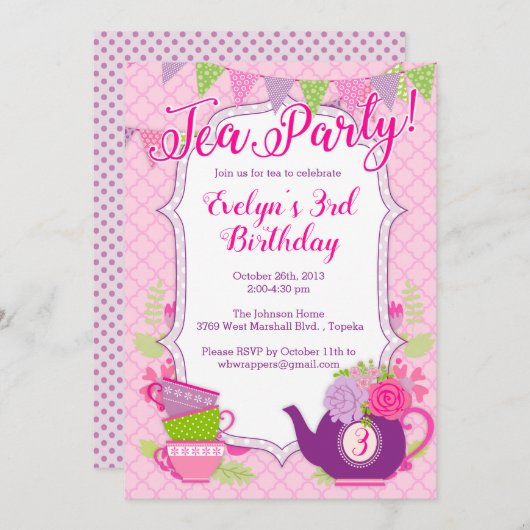Invitation Tea Party ou Tea Party Invitation pour (Devant / Derrière)