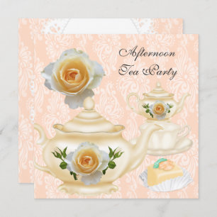 Invitation Tea Party Peach Coral Floral Teapot