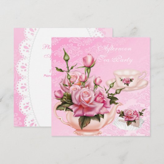 Invitation Tea Party Peach Peach Rose Floral Teapot (Devant / Derrière)