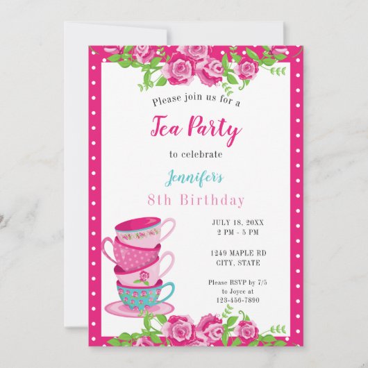Invitation Tea Party Pink Floral Cups mignonne Whimsical (Devant)
