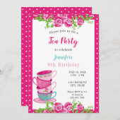 Invitation Tea Party Pink Floral Cups mignonne Whimsical (Devant / Derrière)