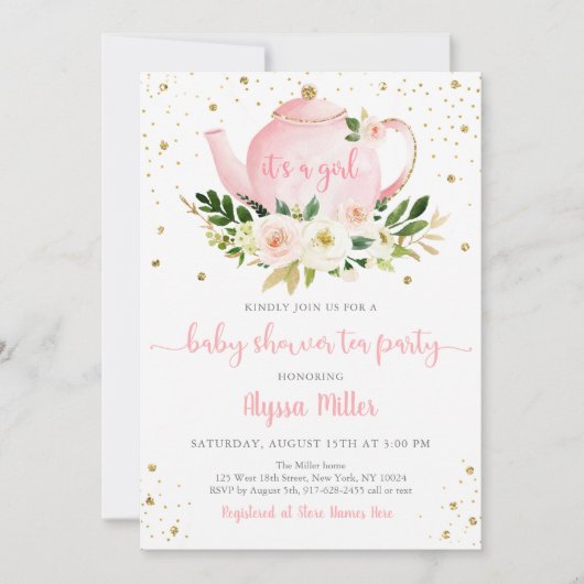 Invitation Tea Party Pink Gold Baby shower Floral (Devant)