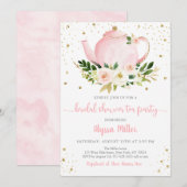 Invitation Tea Party Pink Gold Fête des mariées Florale (Devant / Derrière)
