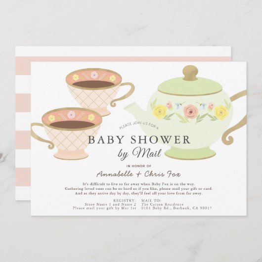 Invitation Tea Party Pot & tasses Baby shower par courrier (Devant / Derrière)