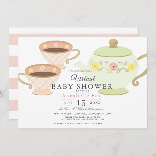 Invitation Tea Party Pot & tasses Baby shower virtuel (Devant / Derrière)
