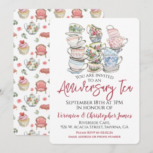 Invitation Tea Party pour l'anniversaire du mariage (Devant / Derrière)