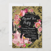 Invitation Tea Party Rose de Parties scintillant noir et or (Devant)