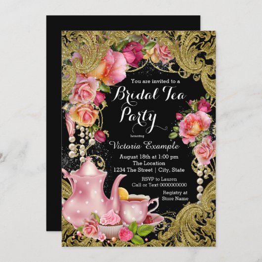 Invitation Tea Party Rose de Parties scintillant noir et or (Devant / Derrière)