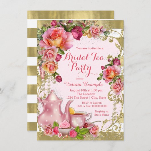 Invitation Tea Party rose et or (Devant / Derrière)