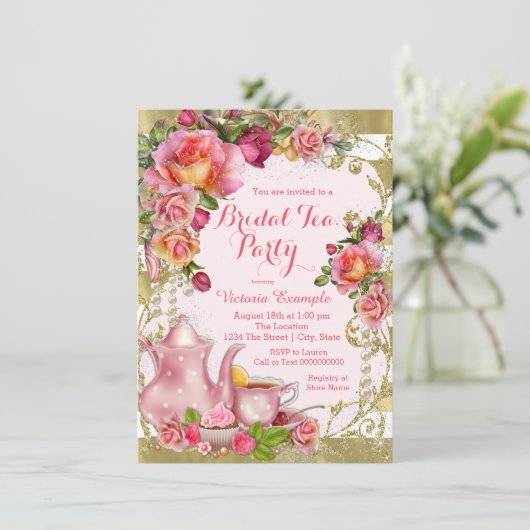 Invitation Tea Party rose et or (Debout devant)