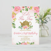 Invitation Tea Party rose Floral 1er anniversaire, Pink Par T (Debout devant)