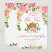 Invitation Tea Party rose Floral 1er anniversaire, Pink Par T (Devant / Derrière)