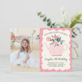 Invitation Tea Party rose Floral Anniversaire Photo Invitatio (Debout devant)