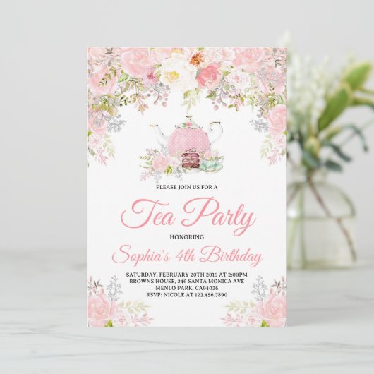 Invitation Tea Party rose Floral Filles Anniversaire (Debout devant)