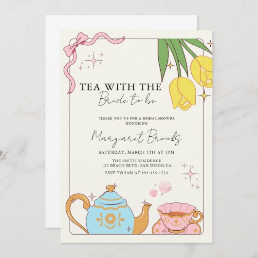 Invitation Tea Party rose jaune mignon (Devant / Derrière)