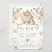 Invitation Tea Party Sage Vert & Baby shower rose Floral (Devant)