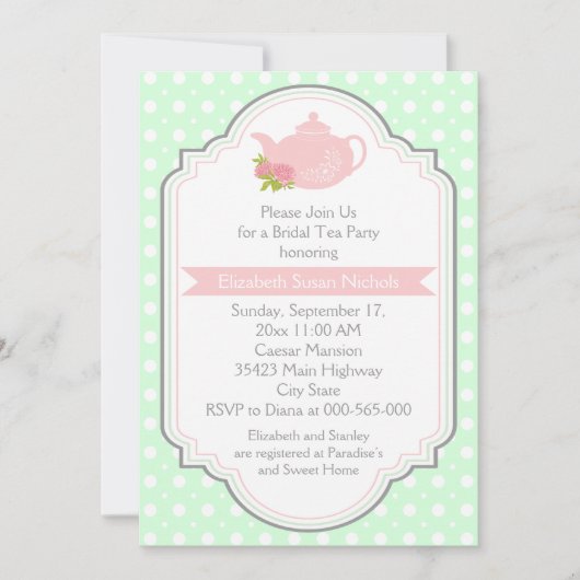 Invitation Tea party teapot polka point rose nuptiale douche (Devant)