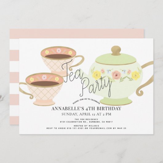 Invitation Tea Party Thé Pot & Tasses Fille Anniversaire (Devant / Derrière)