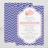 Invitation Tea party théière, chevron rose marine nuptiale do (Devant / Derrière)