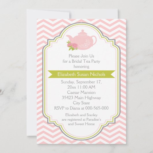 Invitation Tea party théière, chevron vert rose brune douche (Devant)