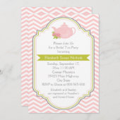 Invitation Tea party théière, chevron vert rose brune douche (Devant / Derrière)