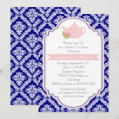 Invitation Tea party théière, damas rose marine nuptiale douc (Devant / Derrière)