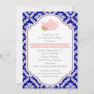 Invitation Tea party théière, damas rose marine nuptiale douc