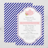 Invitation Tea party théière, raypes rose marine nuptiale dou (Devant / Derrière)