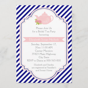 Invitation Tea party théière, raypes rose marine nuptiale dou