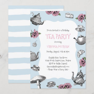 Invitation Tea Party vintage Anniversaire Bébé Bleu rayures