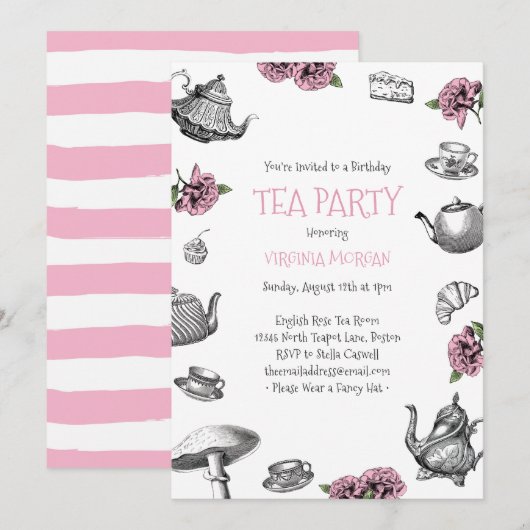 Invitation Tea Party vintage Anniversaire rose (Devant / Derrière)