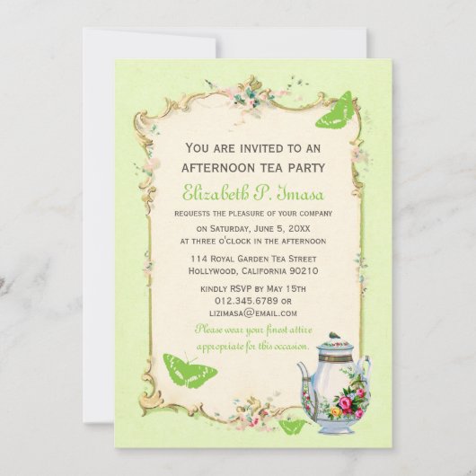 Invitation Tea Party Vintage vert (Devant)