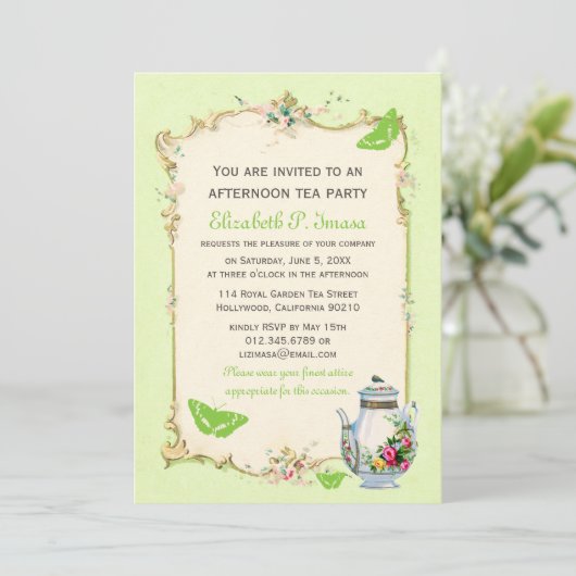 Invitation Tea Party Vintage vert (Debout devant)