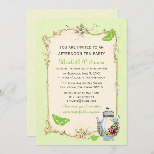Invitation Tea Party Vintage vert (Devant / Derrière)
