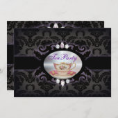 Invitation Tea Party vintage violet damask floral (Devant / Derrière)