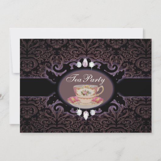 Invitation Tea Party vintage violet damask floral (Devant)