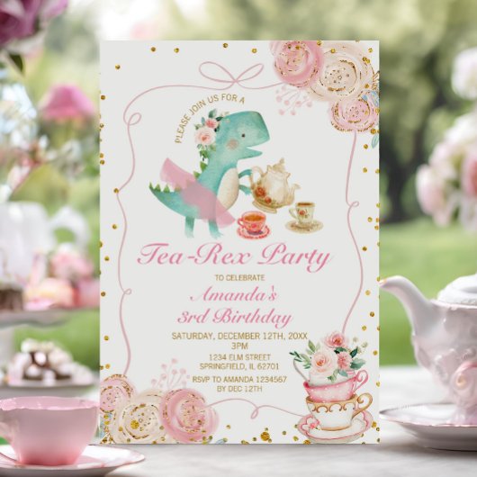 Invitation Tea-Rex Tutu Party Dinosaur fille rose 3e annivers