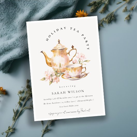 Invitation Tea Set Floral Pink Gold Classy Tea Party