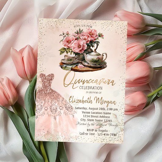 Invitation Tea Set Rose Gold Robe Confetti Quinceañera