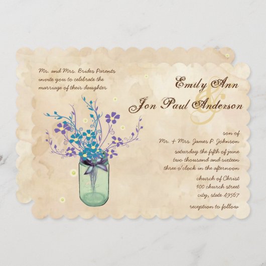 Invitation Tea Stain Aqua Purple Flower Mason Jar (Devant / Derrière)