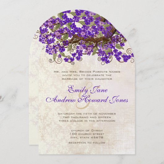 Invitation Tea Stain pourpre et vert cerise (Devant / Derrière)