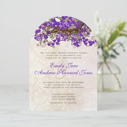 Invitation Tea Stain pourpre et vert cerise (Debout devant)