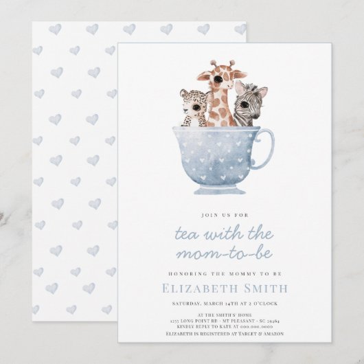 Invitation Tea Time Party Baby Animals Blue Boy Baby shower (Devant / Derrière)