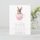 Invitation Tea Time Party Cute Bunny Baby shower fille rose (Debout devant)