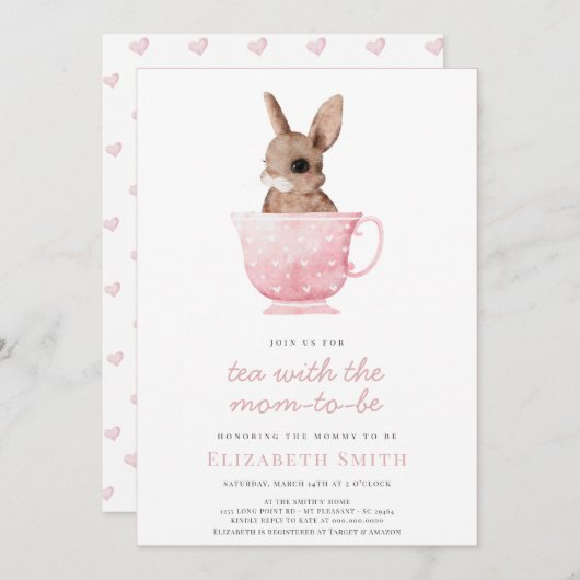 Invitation Tea Time Party Cute Bunny Baby shower fille rose (Devant / Derrière)
