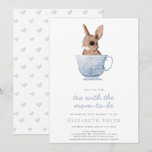 Invitation Tea Time Party Cute Bunny Blue Boy Baby shower (Devant / Derrière)