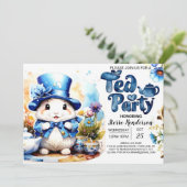 Invitation Tea Time Tails Blue Bunny Baby shower (Debout devant)